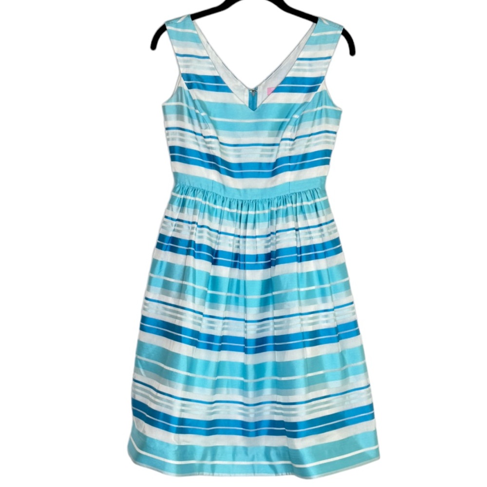 Lilly Pulitzer Kiera Blue Dress Wrapping Silk Organza Stripe Turquoise SZ 0